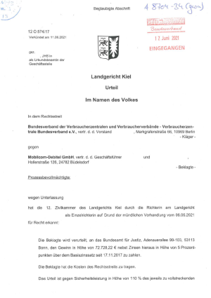 Urteil des LG Kiel vom 11. Juni 2021 (Az. 12 O 574/17) - nicht rechtskräftig