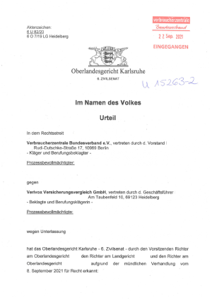 Verivox | Urteil des Oberlandesgerichts Karlsruhe vom 22.09.2021 | Az. 6 U 82/20