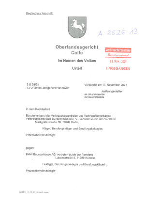 Urteil des OLG Celle am 17.11.2021 (Az. 3 U 21/39) - nicht rechtskräftig