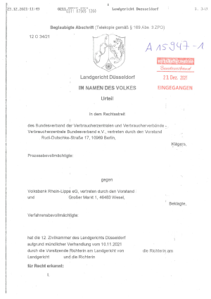 Urteil des LG Düsseldorf vom 22.12.2021, Az. 12 O 34/21