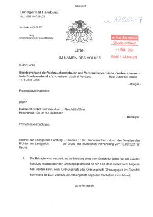 Urteil des LG Hamburg vom 30. September 2021 (AZ 416 HKO 94/21)