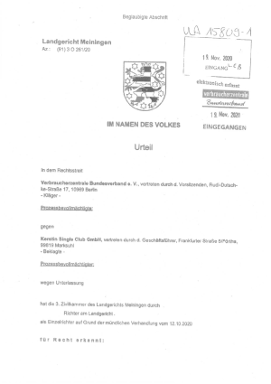 Urteil des LG Meiningen vom 16.11.2020 | Az. (91) 3 O 261/20