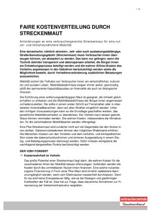 Faire Kostenverteilung durch Streckenmaut | Positionspapier des vzbv | März 2022