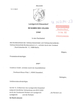 Urteil des LG Düsseldorf vom 16.02.2022 (Az. 12 O 36/21 ) - rechtskräftig