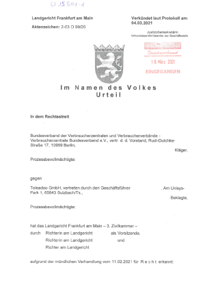 Toleadoo GmbH | Urteil des LG Frankfurt am Main | Az. 2-03 O 99/20 | 4. März 2021