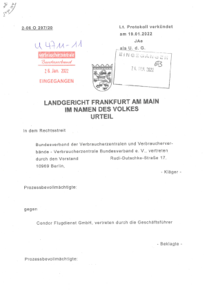 Condor | Urteil des LG Frankfurt am Main |Az. 2-06 O 297/20 | 19. Januar 2022  – nicht rechtskräftig