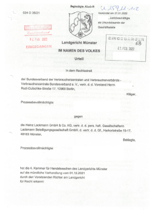 Urteil des LG Münster vom 27.01.2022 (Az. 024 O 36/21 – nicht rechtskräftig)