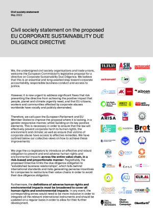 Civil society statement on the proposed EU CORPORATE SUSTAINABILITY DUE DILIGENCE DIRECTIVE