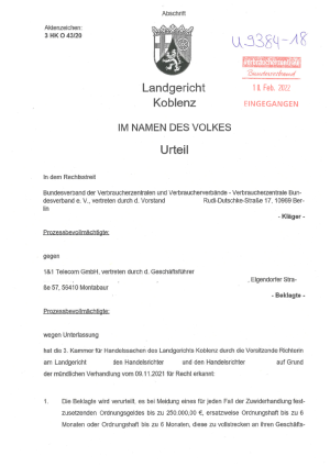 1&1 | Urteil des LG Koblenz | Az. 3HK O 43/20