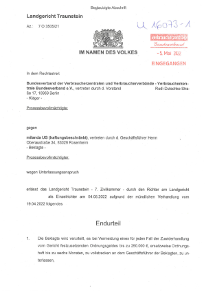 Irreführende Schreiben der milanda UG | Urteil des LG Traunstein| Az. 7 O 3505/21 | 4. Mai 2022 – rechtskräftig