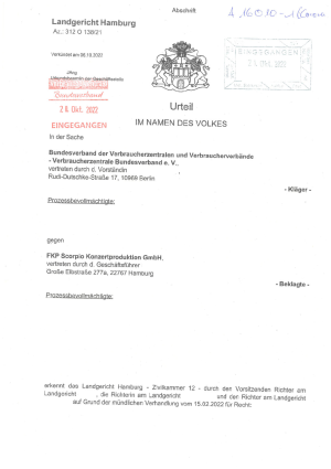 Urteil des Landgerichts Hamburg gegen die FKP Scorpio Konzertproduktion GmbH | Az. 312 O 138/21 - nicht rechtskräftig
