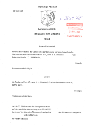 Urteil Landgericht Köln | 33 O 258/21 | 20.10.2022 - rechtskräftig