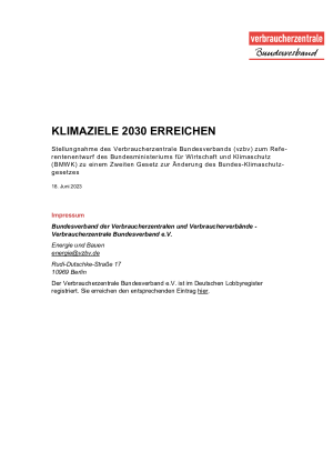 Klimaziele 2030 erreichen  | Stellungnahme des vzbv | Juni 2023