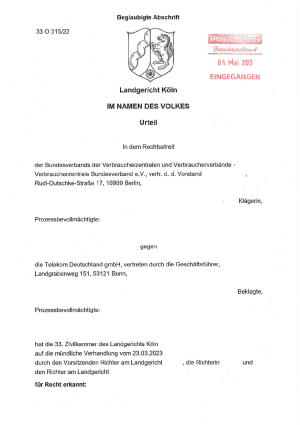 Urteil Landgericht Köln | 33 O 315/22 | 04.05.2023 - nicht rechtskräftig