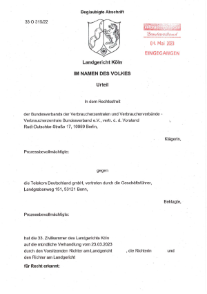 Urteil Landgericht Köln | 33 O 315/22 | 04.05.2023 - rechtskräftig