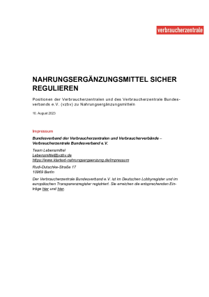 Nahrungsergänzungsmittel sicher regulieren | vzbv-Positionspapier | August 2023