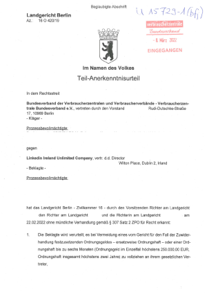 Teil-Anerkenntnisurteil Landgericht Berlin | 16 O 420/19 | 22.02.2022