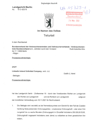 Teil-Urteil Landgericht Berlin | 16 O 420/19 | 17.03.2023