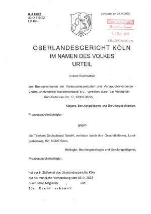 Urteil Oberlandesgericht Köln | 6 U76/23 und 22 O 315/22 LG Köln |  24.11.23 - nicht rechtskräftig