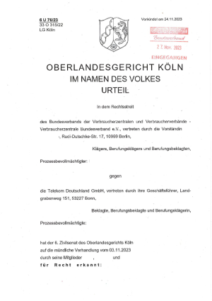 Urteil Oberlandesgericht Köln | 6 U76/23 und 22 O 315/22 LG Köln |  24.11.23 - rechtskräftig