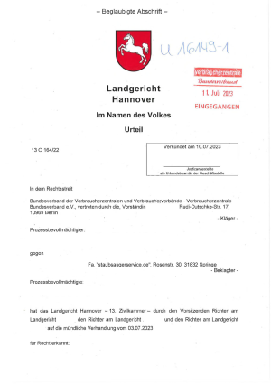 Urteil Landgericht Hannover| 13 O 164/22 | 10.07.2023 - nicht rechtskräftig