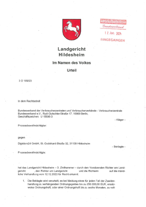 Urteil des LG Hildesheim vom 9.01.2024, Az. 3 O 109/23 – nicht rechtskräftig