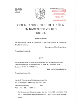 Urteil des OLG Köln | 6 U 103/23 | 07.02.2024 - rechtskräftig