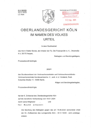Urteil des OLG Köln | 6 U 103/23 | 07.02.2024 - nicht rechtskräftig