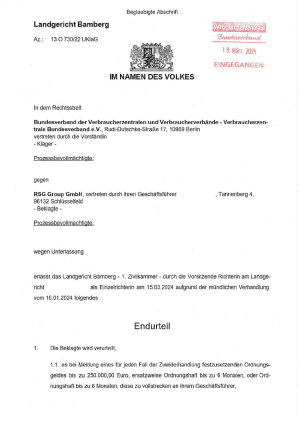 Urteil des LG Bamberg | 15.03.2024 | 13 O 730/22 – nicht rechtskräftig