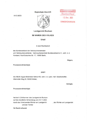 Urteil des LG Bochum vom 23.11.2023, Az. I-8 O 26/23 – rechtskräftig