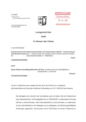 Urteil des LG Kiel | 25.01.2024 | 6 O 86/23 – rechtskräftig