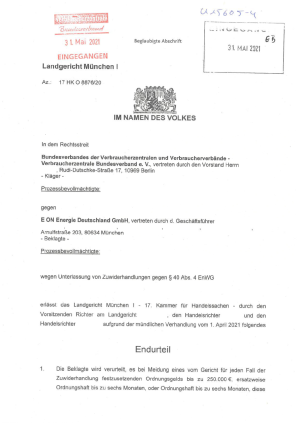 Urteil des LG München I vom 27.05.2021, Az. 17 HK O 8876/20