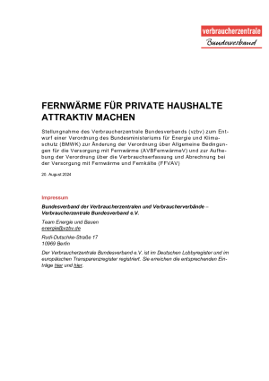 vzbv-Stellungnahme zur geplanten Novellierung der Fernwärmeverordnung (AVBFernwärmeV)