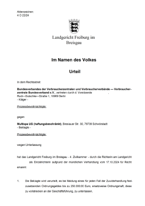 Urteil des LG Freiburg vom 14.11.2024, Az. 4 O 22/24 – nicht rechtskräftig