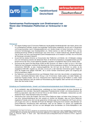 Gemeinsames Positionspapier zum Direktversand von Waren über Drittstaaten-Plattformen an Verbraucher in der EU