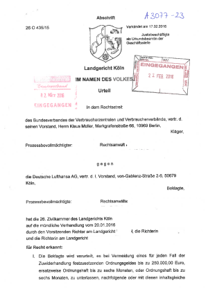 Deutsche Lufthansa | Änderungsklausel | Urteil des LG Köln vom 17. Februar 2016 | Az. 26 O 435/15