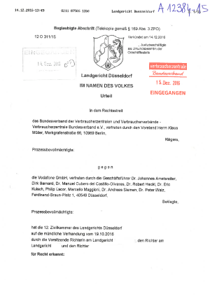 Urteil des Landgerichts Düsseldorf vom 14.12.2016 (Az.12O311/15)