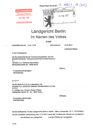 Urteil LG Berlin (Az. 16O11/16) vom 14.02.2017 zu Air Berlins Preisanpassungsklausel