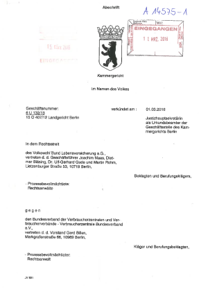 Volkswohl Bund | Urteil des KG (Az. 6 U 132/13) vom 01.03.2016