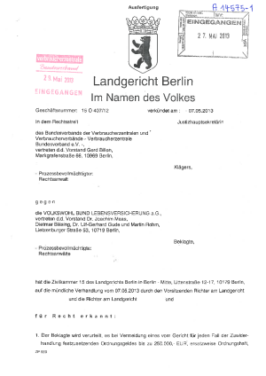 Volkswohl Bund | Urteil des LG (Az. 15 O 407/12) vom 07.05.2013