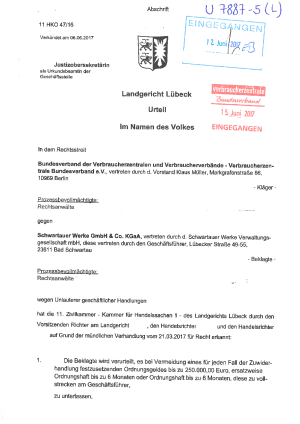 Urteil des Landgerichts Lübeck vom 6.6.2017, Az. 11 HKO 47/16 