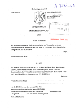 Deutsche Telekom Werbeanrufe | Urteil des LG Köln (Az. 26 O 151/16), nicht rechtskräftig