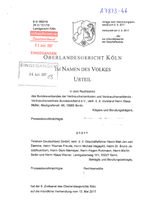 Deutsche Telekom Werbeanrufe | Urteil des OLG Köln (Az. 6 U 182/16), nicht rechtskräftig