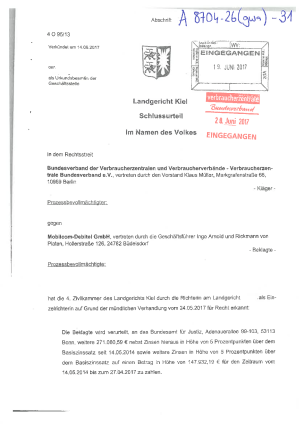 Mobilcom-Debitel Gewinnabschöpfung Nichtnutzungsgebühr - Schlussurteil Landgericht Kiel (4 O 95/13), nicht rechtskräftig