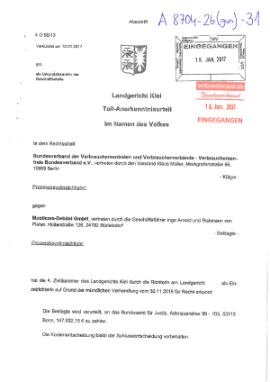 Mobilcom-Debitel Gewinnabschöpfung Nichtnutzungsgebühr - Teil-Anerkenntnisurteil Landgericht Kiel (4 O 95/13), rechtskräftig