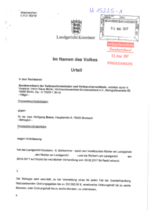 Widerrufsrecht Onlineapotheken | Urteil des Landgerichts Konstanz (Az. C 6 O 183/16), nicht rechtskräftig | 28. April 2017