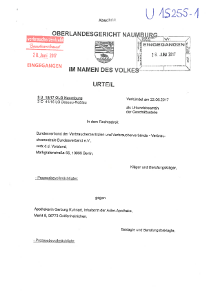Widerrufsrecht Onlineapotheken | Urteil des Oberlandesgerichts Naumburg (Az. 9 U 19/17), nicht rechtskräftig | 22. Juni 2017