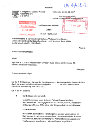MyCare: Urteil des Landgerichts Dessau-Roßlau | Urteil vom 08.02.2017 | Az. 3 O 42/16