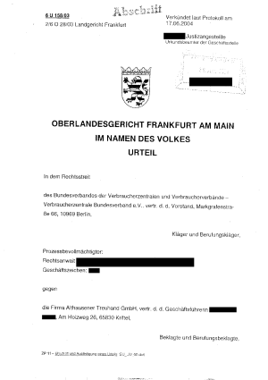 Urteil des Oberlandesgericht Frankfurt am Main | Az. 6 U 158/03