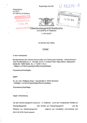 Widerrufsrecht Online-Apotheken | Urteil des OLG Karlsruhe vom 9.2.2018 (Az. 4 U 87/17), nicht rechtskräftig